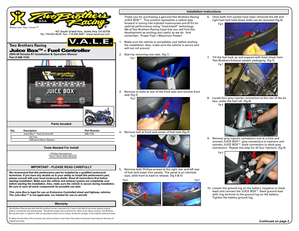 Two Brothers Racing Yamaha R1 - CA Emissions Legal User Manual | 3 pages