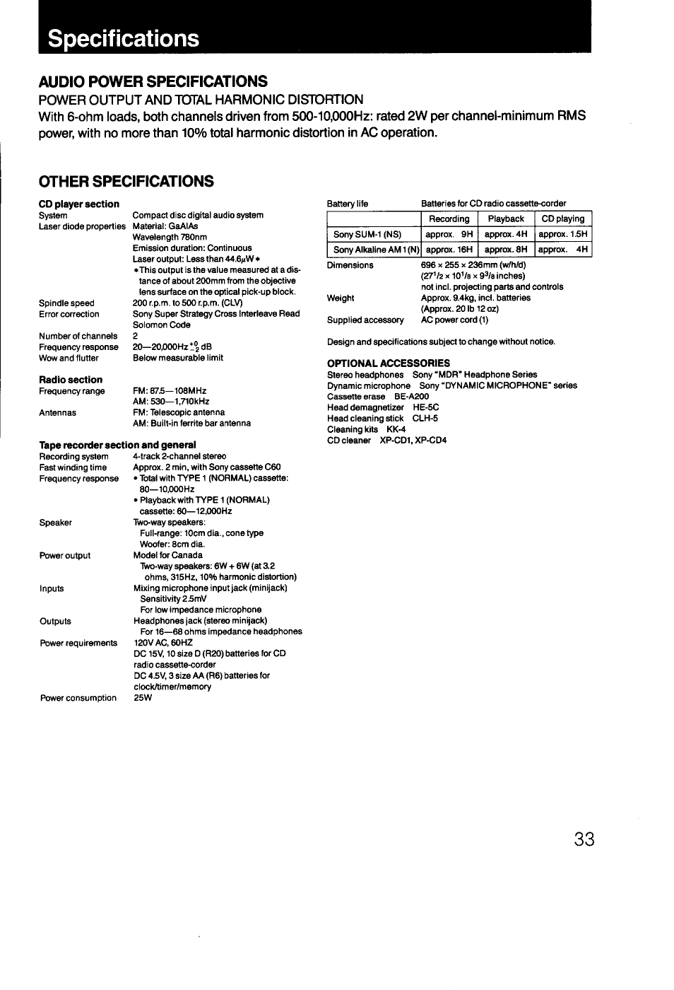 Specifications, Audio power specifications, Other specifications | Sony CFD- 470 User Manual | Page 33 / 34