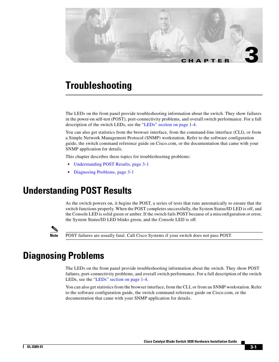 Troubleshooting, Understanding post results, Diagnosing problems | C h a p t e r, Chapter 3, “troubleshooting | Cisco 3030 User Manual | Page 49 / 72