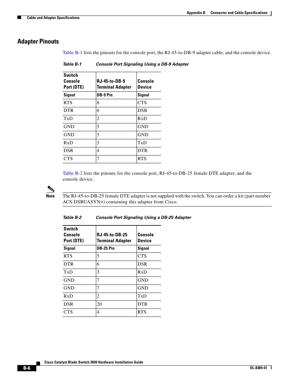 Adapter pinouts, Table b-1, Table b-2 | Cisco 3030 User Manual | Page 62 / 72
