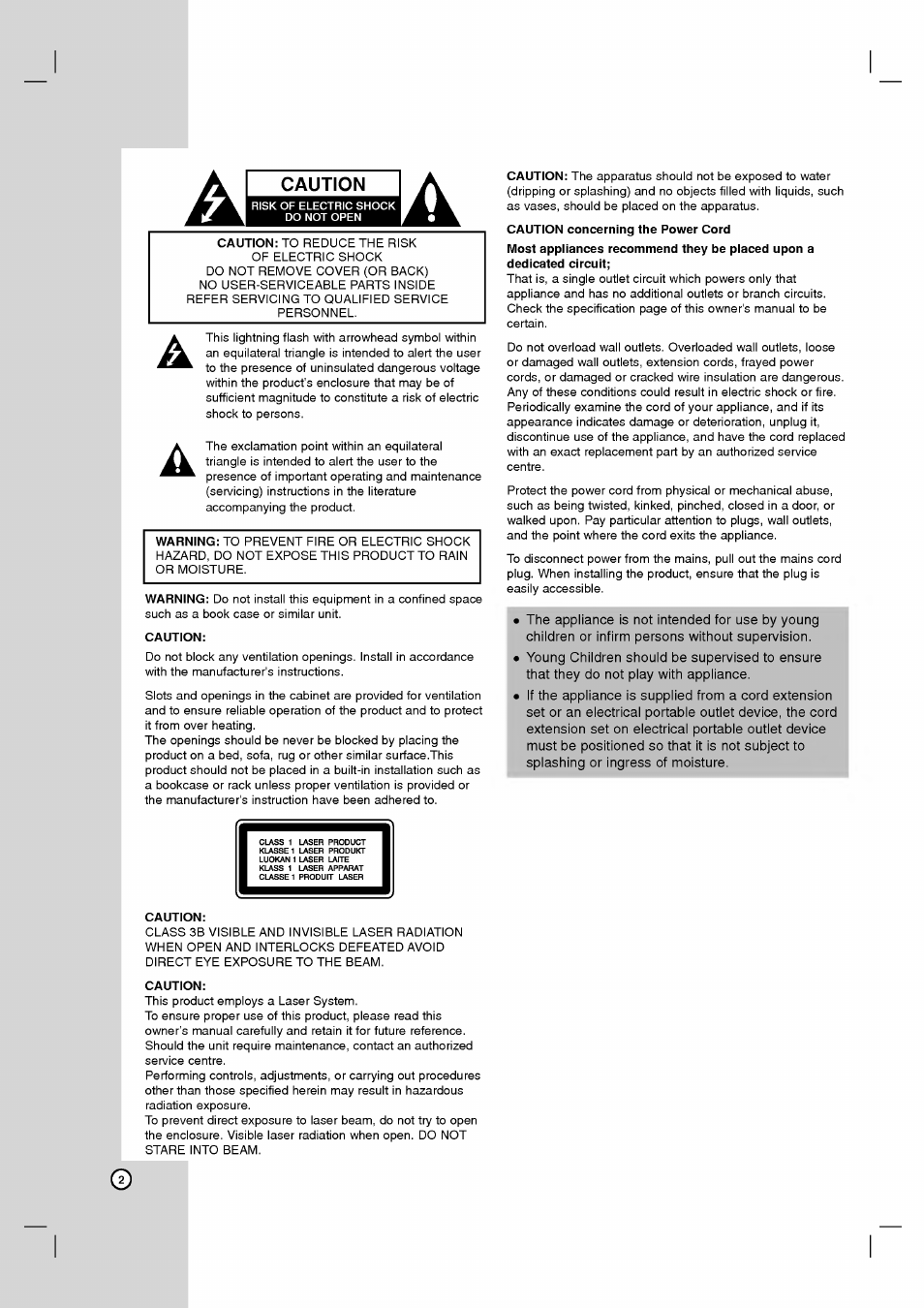 Caution | LG RH2T160 User Manual | Page 2 / 41
