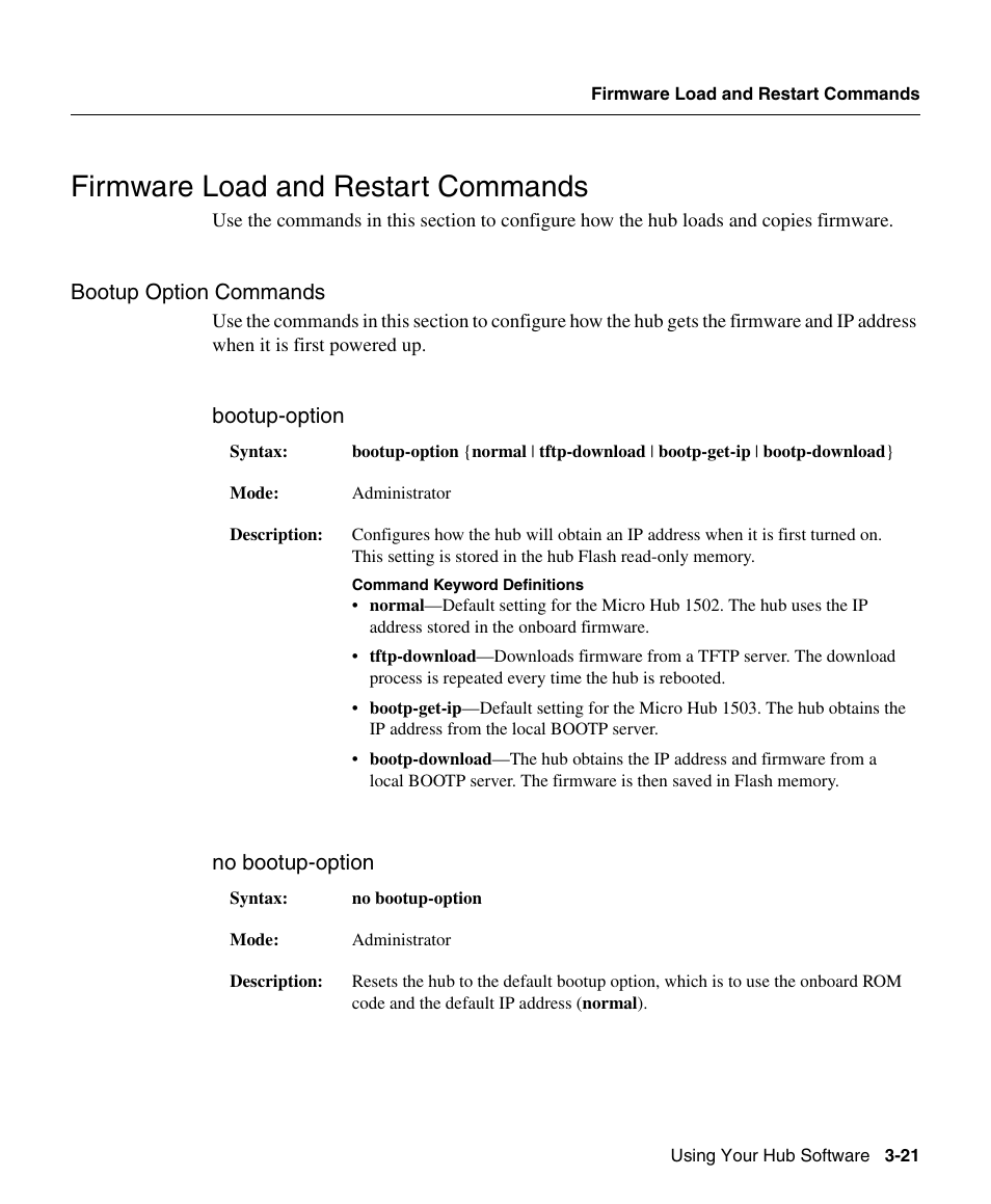 Bootup option commands, Firmware load and restart commands | Cisco 1503 User Manual | Page 21 / 48
