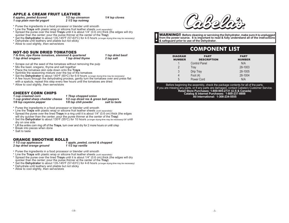Component list | Cabela's Pro Series 10 Tray Digital Dehydrator 28-1001