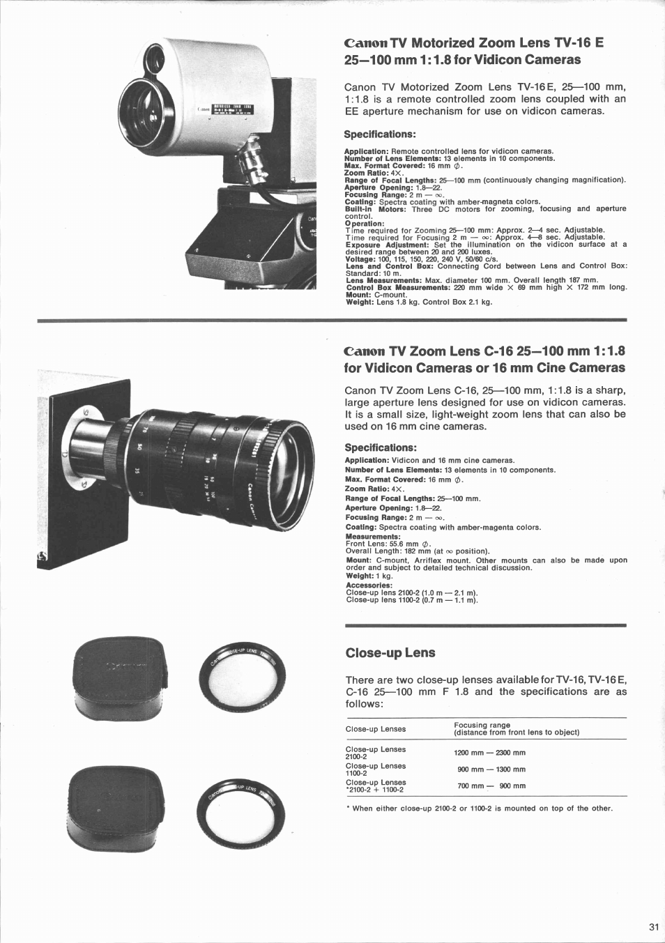 Specifications, Close-up lens | Canon 7S User Manual | Page 32 / 39