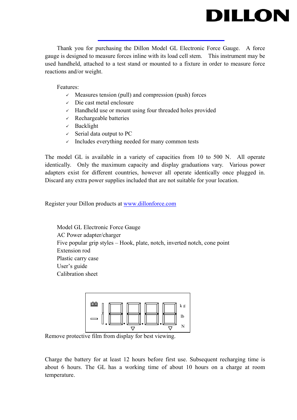 Dillon Gl Electronic Force Gauge User Manual 4 Pages