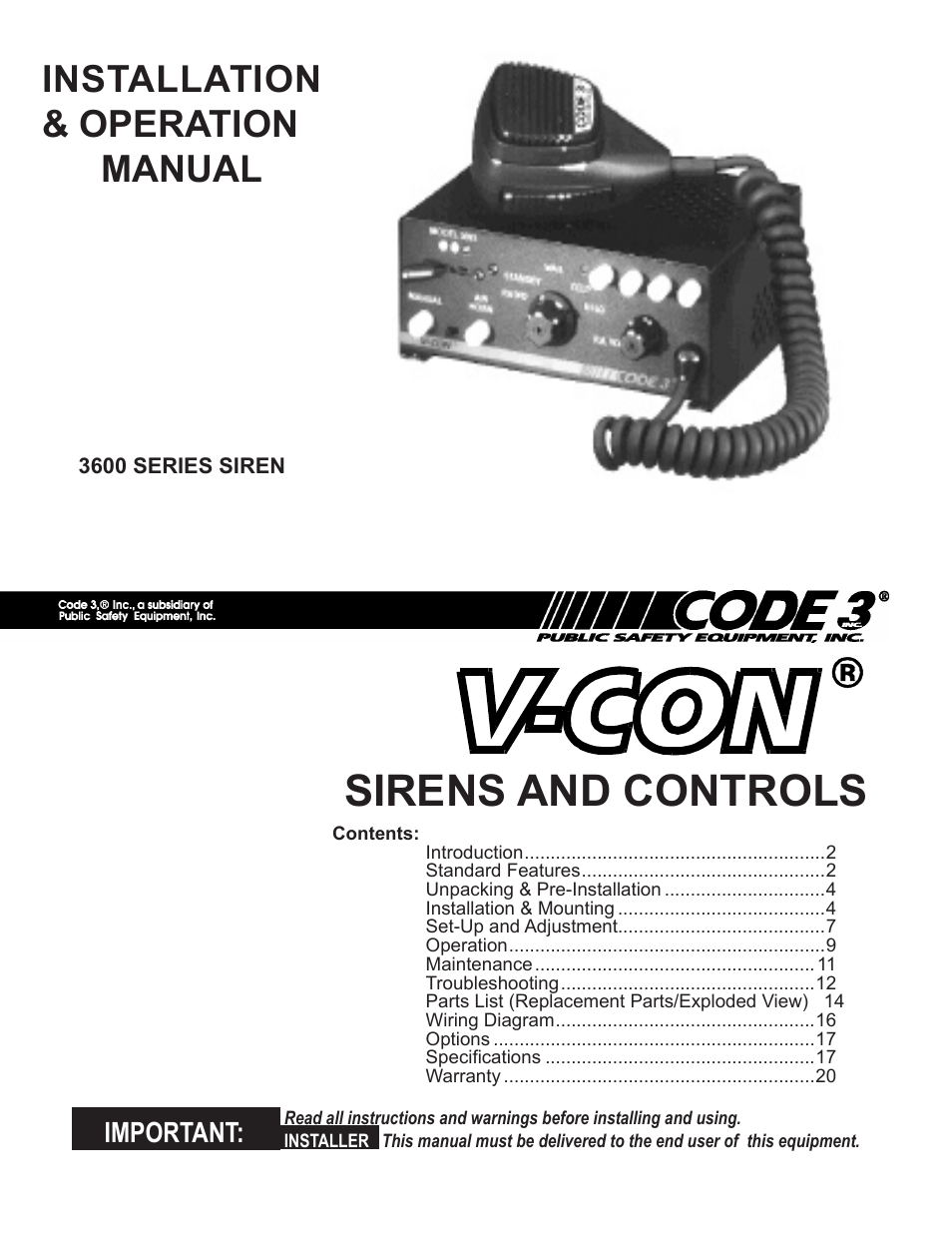 Code 3 V-Con Siren User Manual | 20 pages 18 5 wiring diagram garmin 