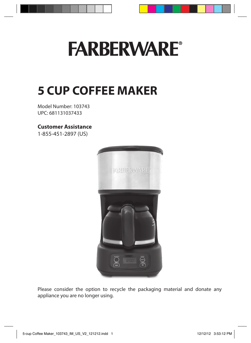 FARBERWARE 103743 5 Cup Coffee Maker User Manual | 15 pages