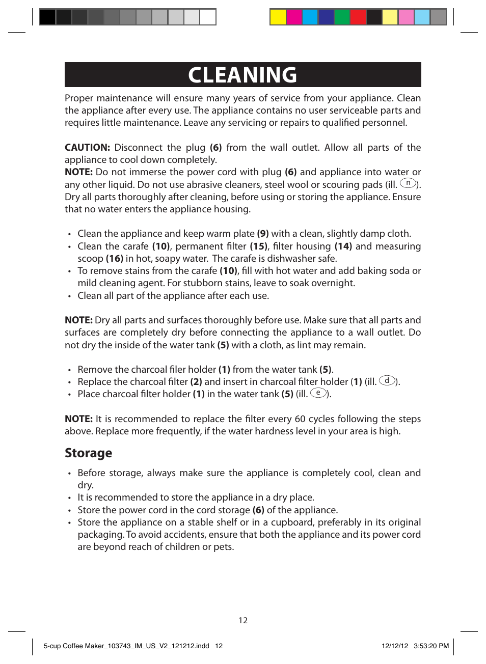 Cleaning, Storage | FARBERWARE 103743 5 Cup Coffee Maker User Manual ...