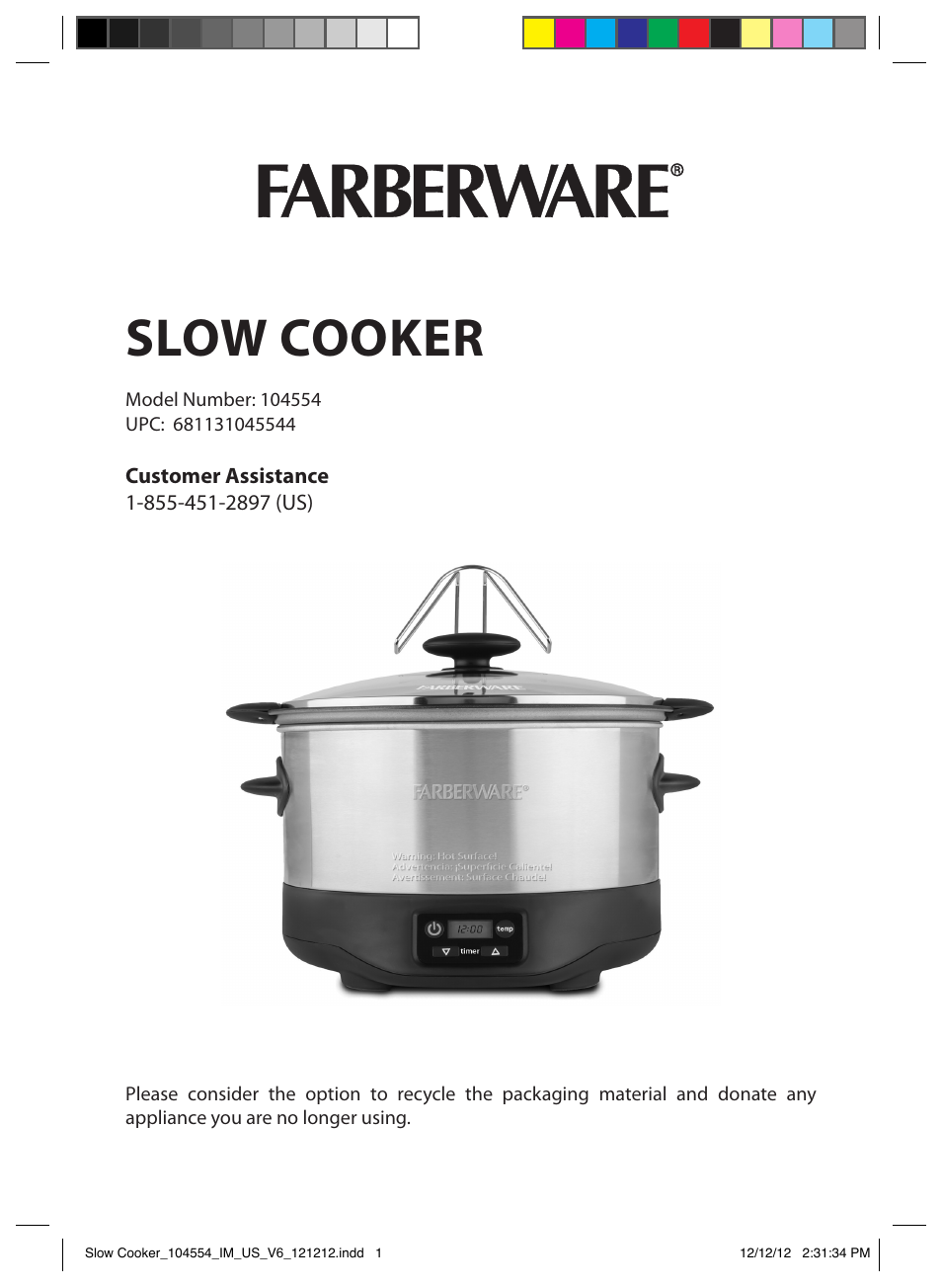 FARBERWARE 104554 6 Qt. Oval Slow Cooker User Manual | 27 pages