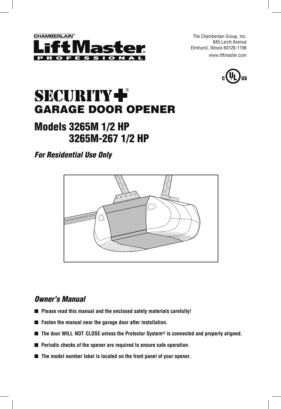 Liftmaster 1 2 Hp Security Plus Garage Door Opener Manual - Chamberlain Security 3265m 267 1 2 Hp Page1