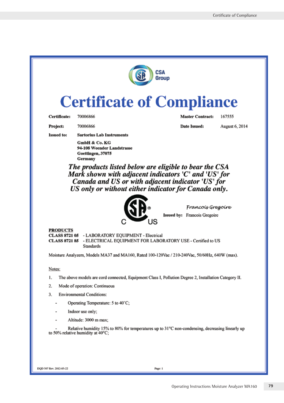 Certificate Of Pliance Rice Lake Ma160 Sartorius Moisture Analyzer User Manual Page 79 82