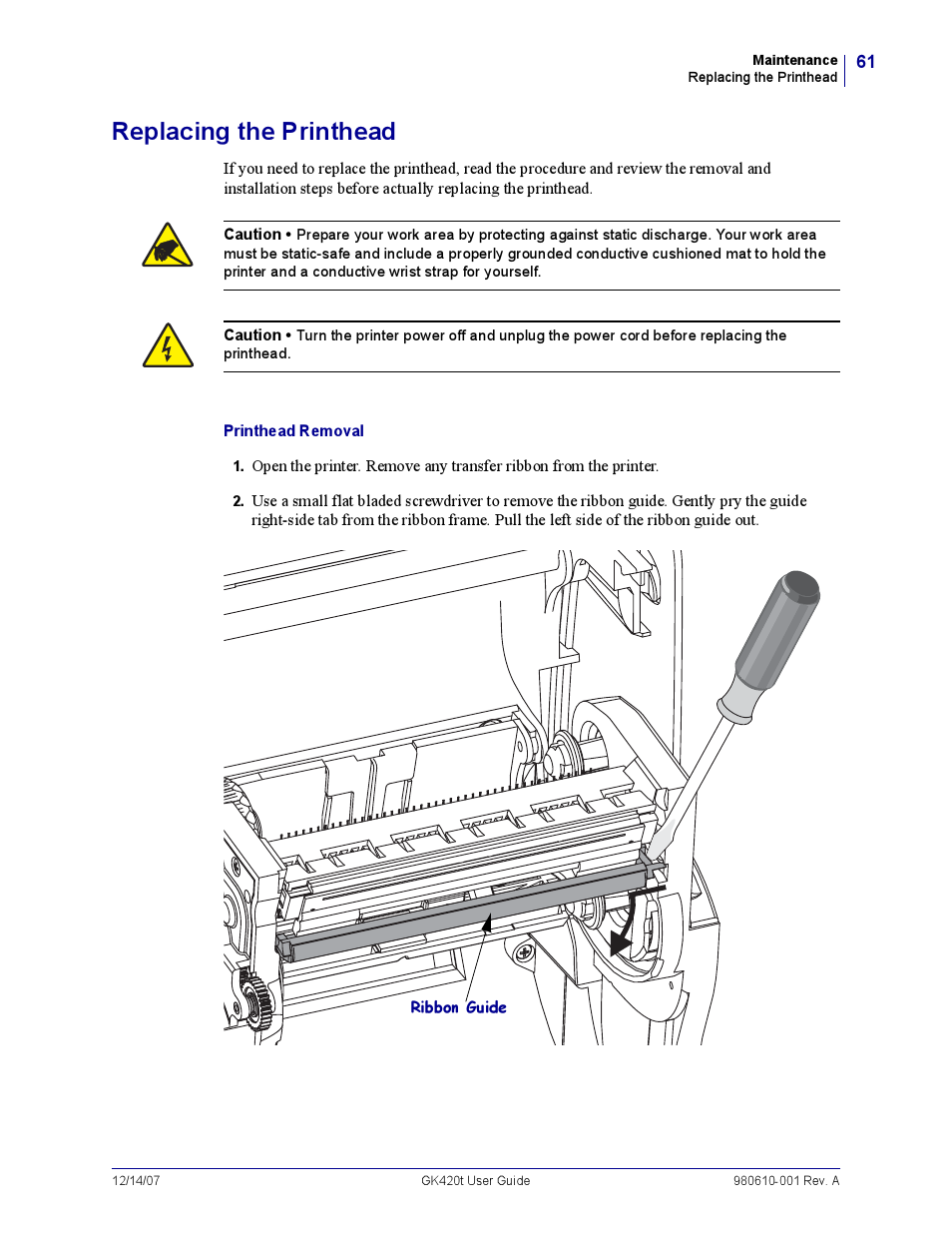 Usikker flugt fremtid Replacing the printhead | Rice Lake Zebra GK420t User Manual | Page 73 / 96