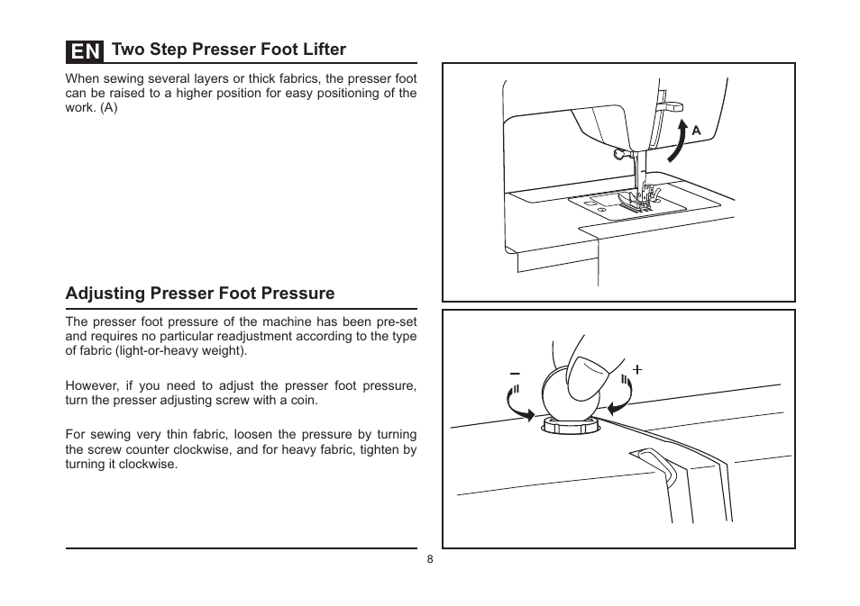 Download Two step presser foot lifter, Adjusting presser foot pressure | SINGER 5511 User Manual | Page ...
