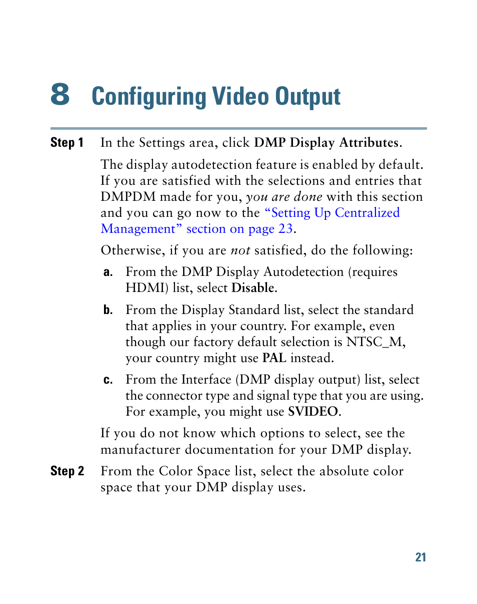 8 configuring video output, Configuring video output | Cisco 4305G User Manual | Page 21 / 28