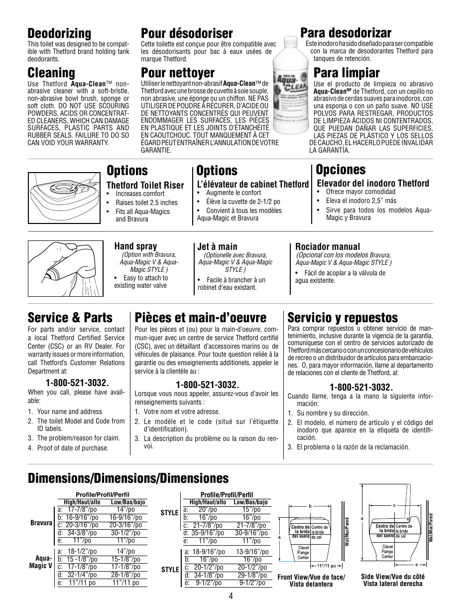 Options Dimensions Dimensions Dimensiones Service Parts Thetford Aqua Magic Style Lite User Manual Page 4 6 Original Mode