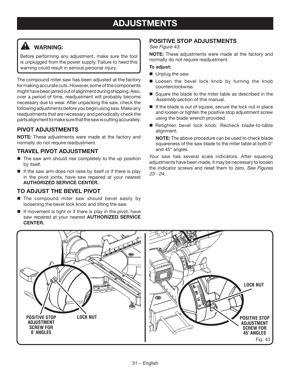 Adjustments | Ryobi TSS102L User Manual | Page 31 / 100 | Original mode