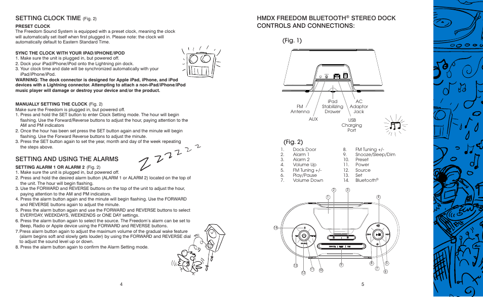 Setting clock time, Setting and using the alarms, Hmdx freedom