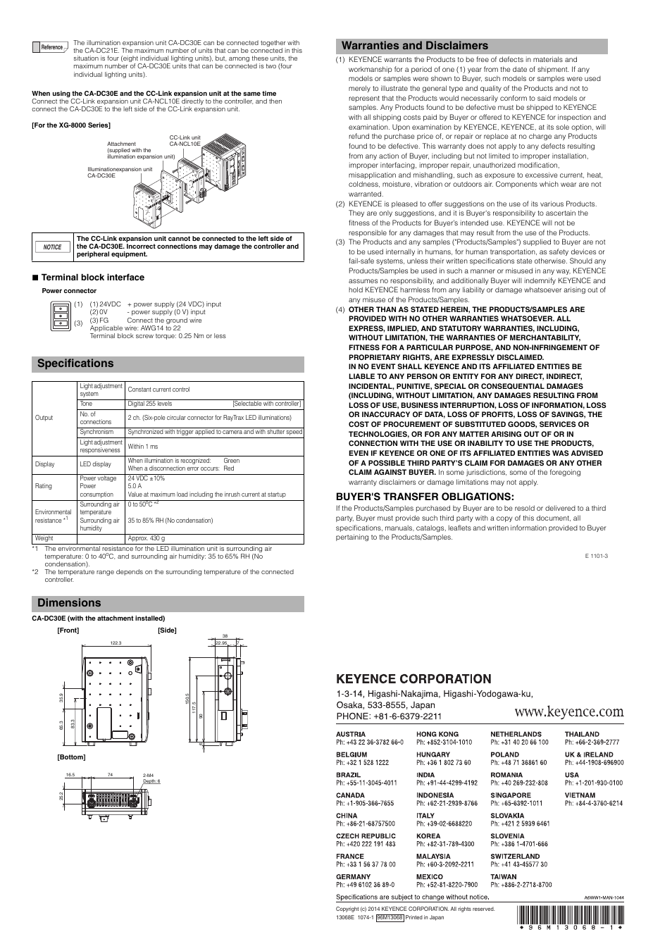 Terminal block interface, Specifications, Dimensions KEYENCE CADC30E