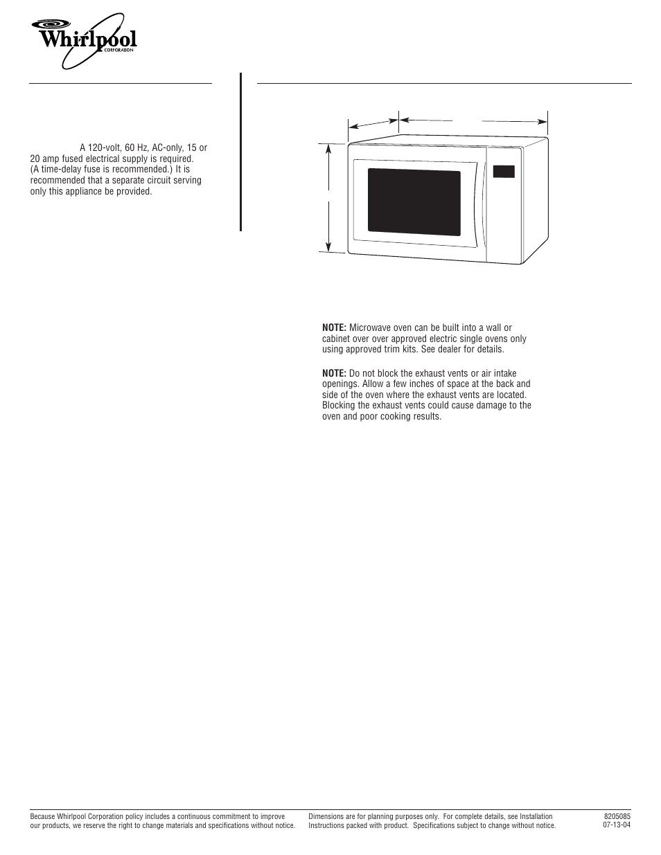 Whirlpool 8205085 User Manual | 1 page