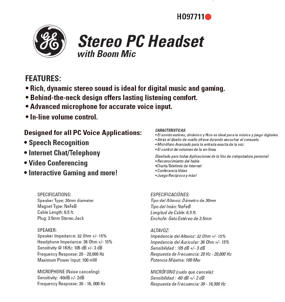 GE 97711 GE Stereo PC Headset with Boom Mic User Manual | 1 page