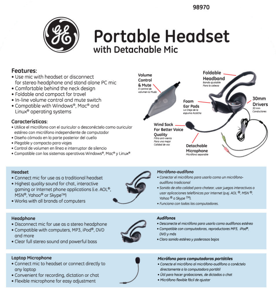GE 98970 GE 3-in-1 Portable Headset with Detachable Mic User Manual | 1 page