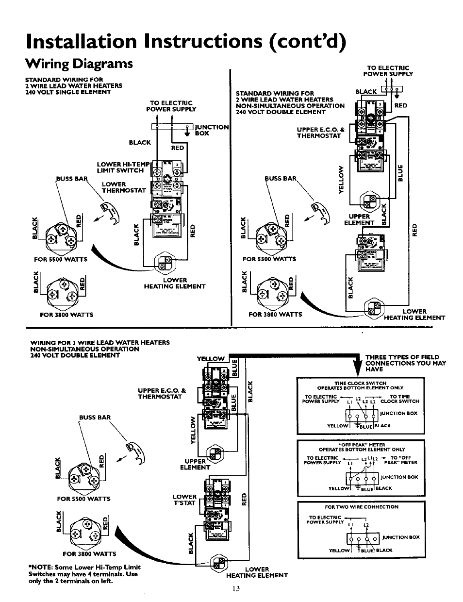 Installation instructions (cont'd), Wiring diagrams | Kenmore POWER MISER  153.327164 User Manual | Page 13 / 28 12 Water Heater Element Manuals Directory