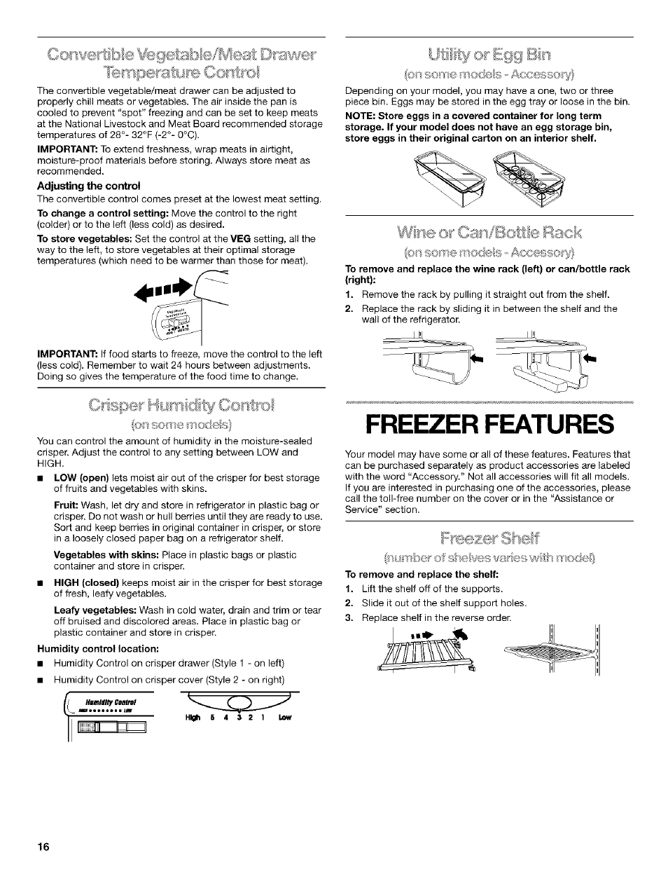 Adjusting the control, Wirie or car: l.lr, Freezer features | Kenmore ...