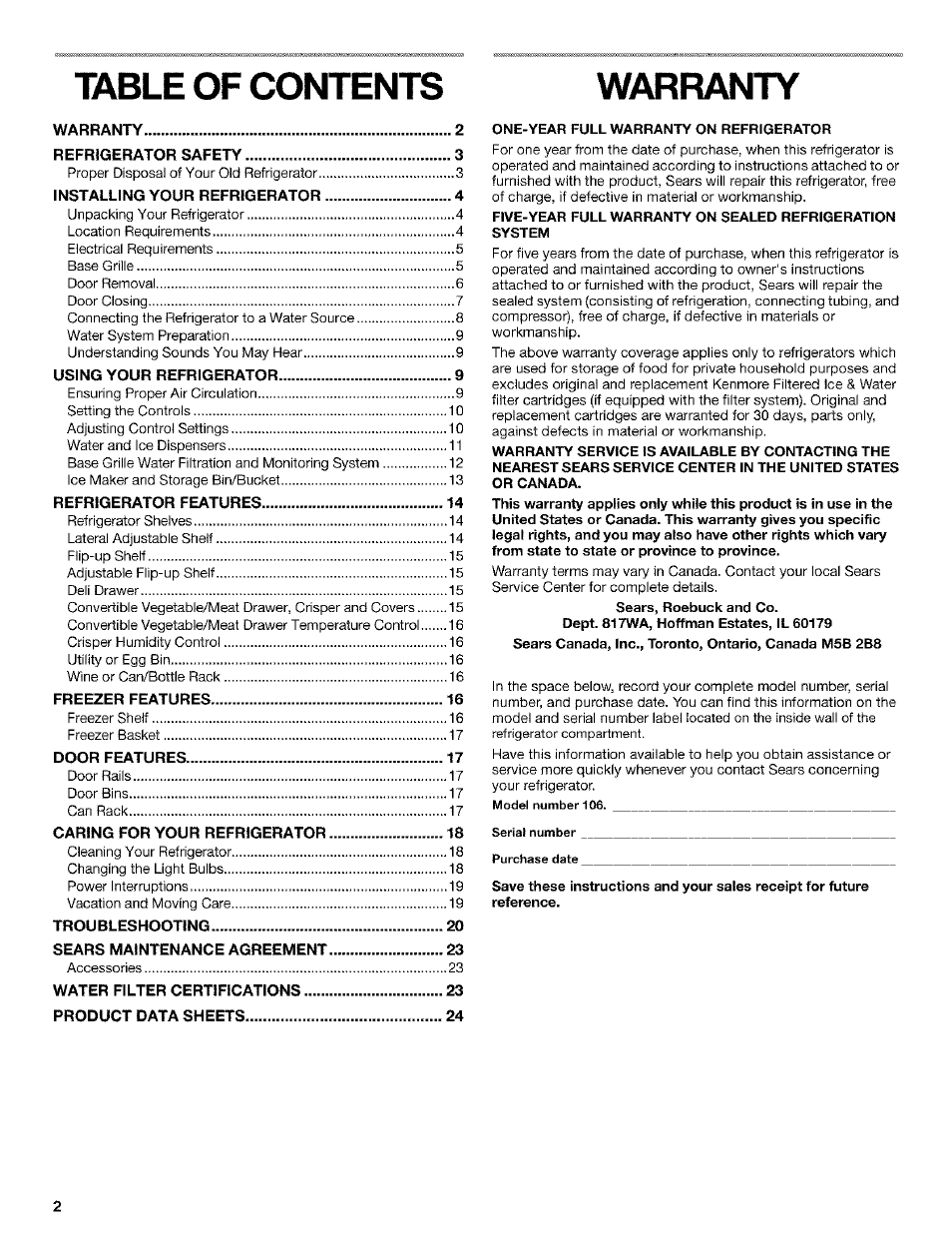 Kenmore Coldspot 106 User Manual | Page 2 / 76 | Original mode