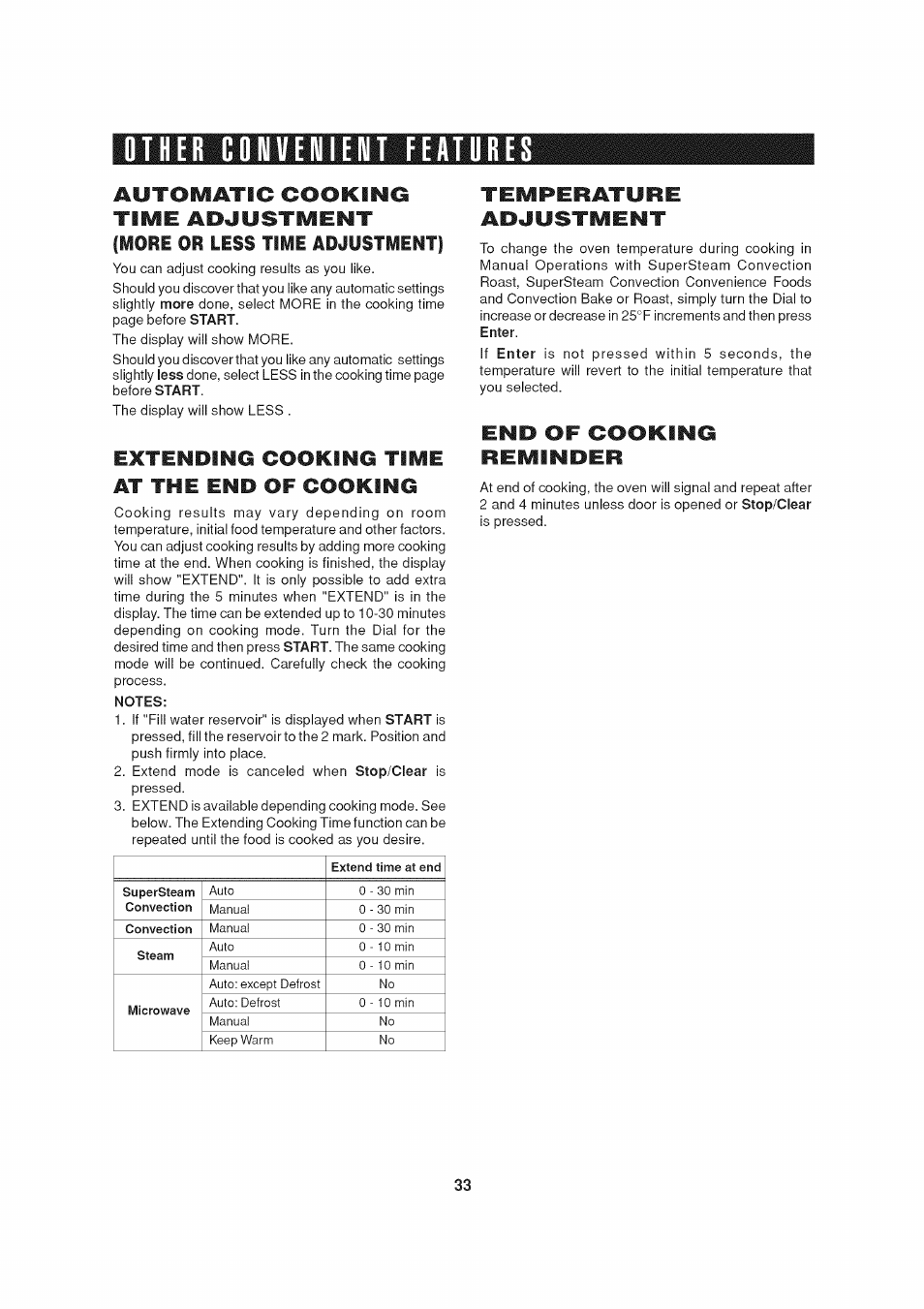 Other convenient features, Extending cooking time at the end of cooking, Notes | Temperature, Adjustment, End of cooking reminder, Other convenient features -35 | Sharp AX-1200 User Manual | Page 35 / 43