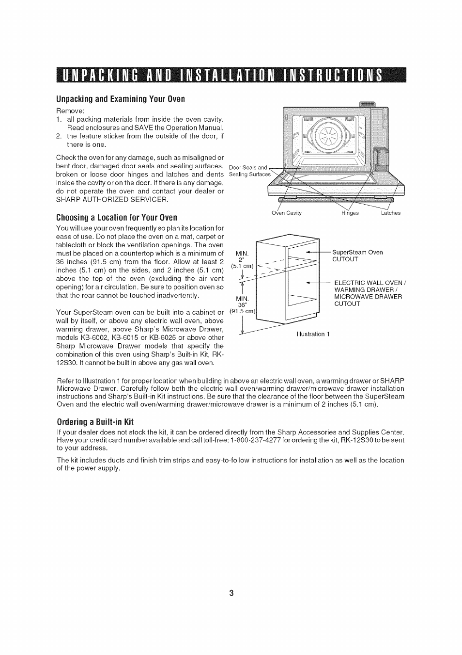 Unpacking and installation instkuctions, Unpacking and examining your oven, Choosing a location for your oven | Ordering a built-in kit | Sharp AX-1200 User Manual | Page 5 / 43