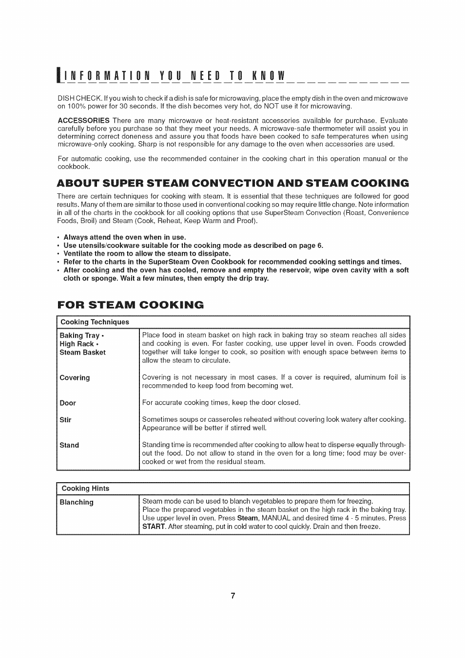 About super steam convection and steam cooking, Always attend the oven when in use, For steam cooking | Li 1 lyjl l»j _l"j _™jj iji jji j | Sharp AX-1200 User Manual | Page 9 / 43