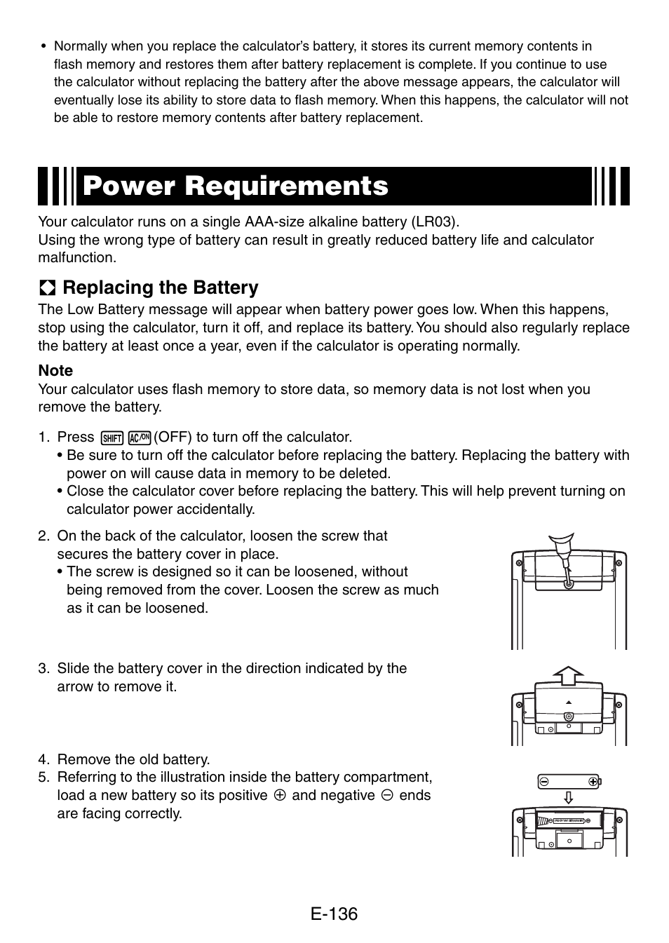 requirements, A replacing the battery, E-136 | Casio fx-5800P Manual | Page / 147