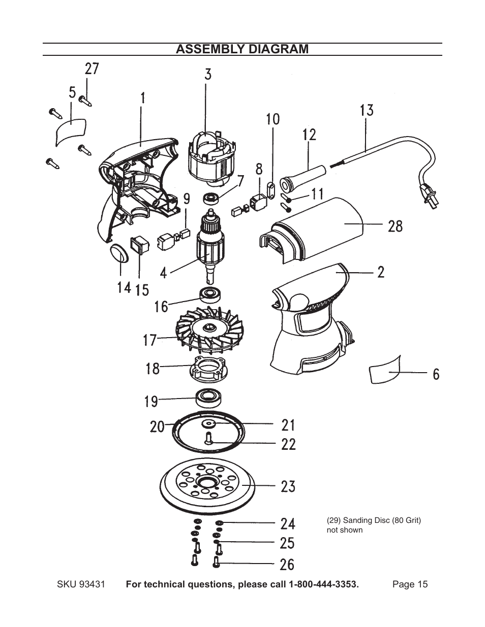 Assembly diagram Chicago Electric 5" Random Orbital Palm Sander 93431