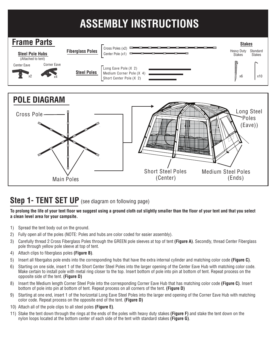 Assembly instructions, Frame parts, Step 1- tent set up | Pole diagram | Giga Tent FT 004 User Manual | Page 2 / 8