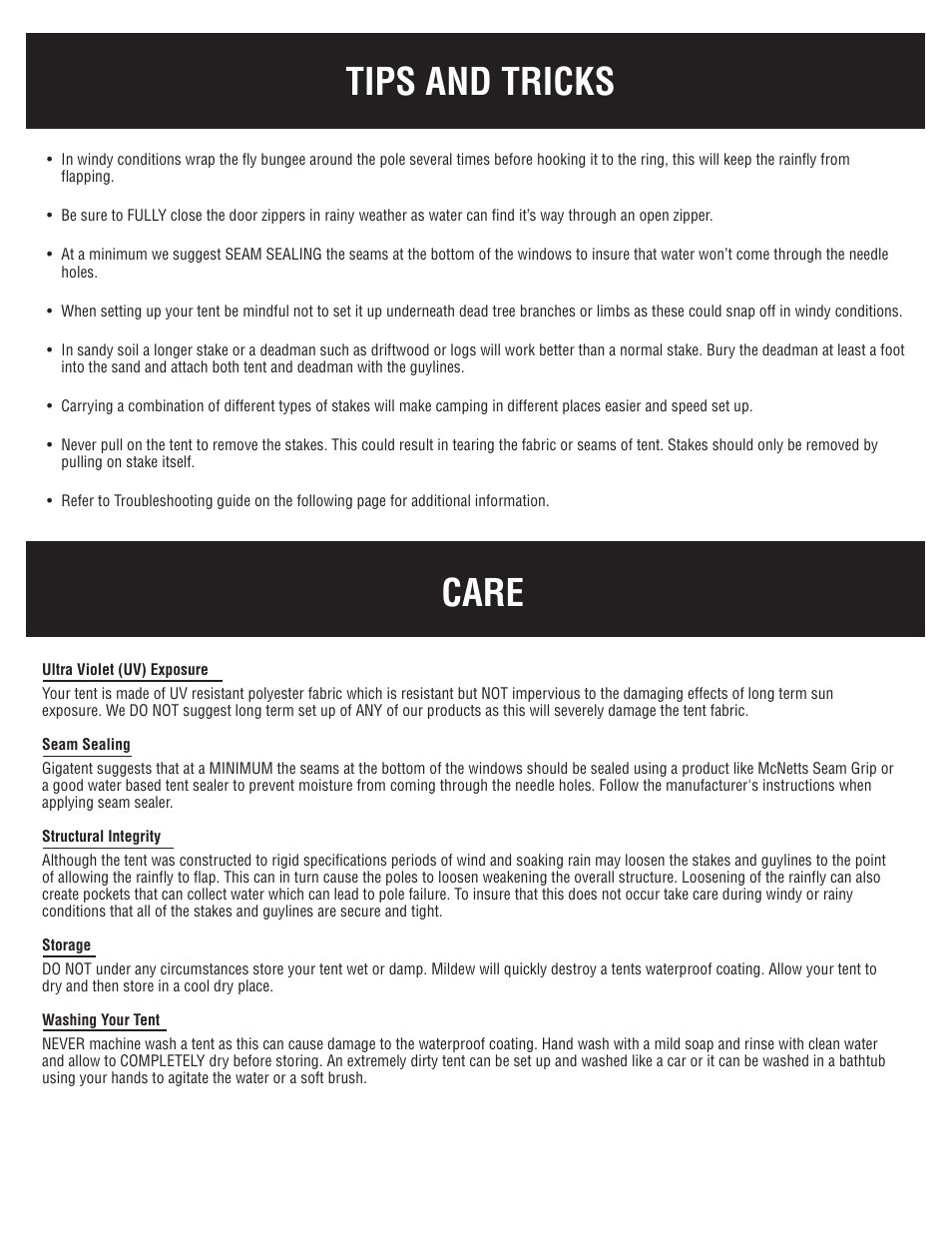 Tips and tricks care | Giga Tent FT 027 User Manual | Page 5 / 8