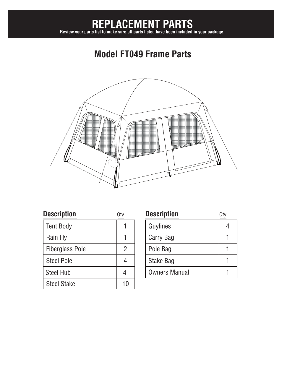 Replacement parts, Model ft049 frame parts | Giga Tent FT 049 User Manual | Page 4 / 8