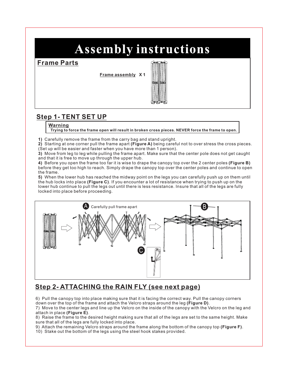 Step 1- tent set up frame parts, Step 2- attaching the rain fly (see next page) | Giga Tent GT 004W User Manual | Page 2 / 8