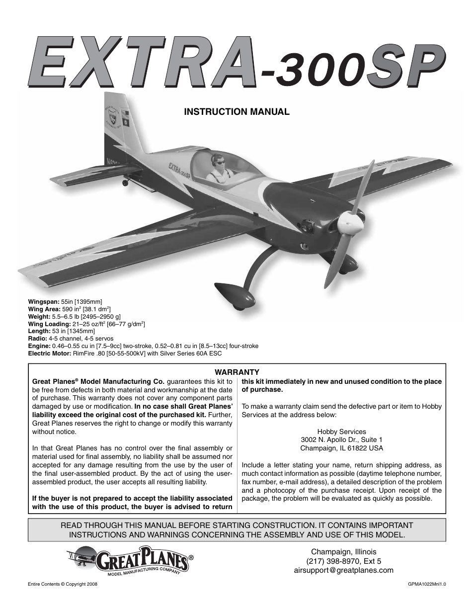 Details about   Great Planes Extra 300S 40 Instruction Build Owners Manual Sport Scale EXT4P03 