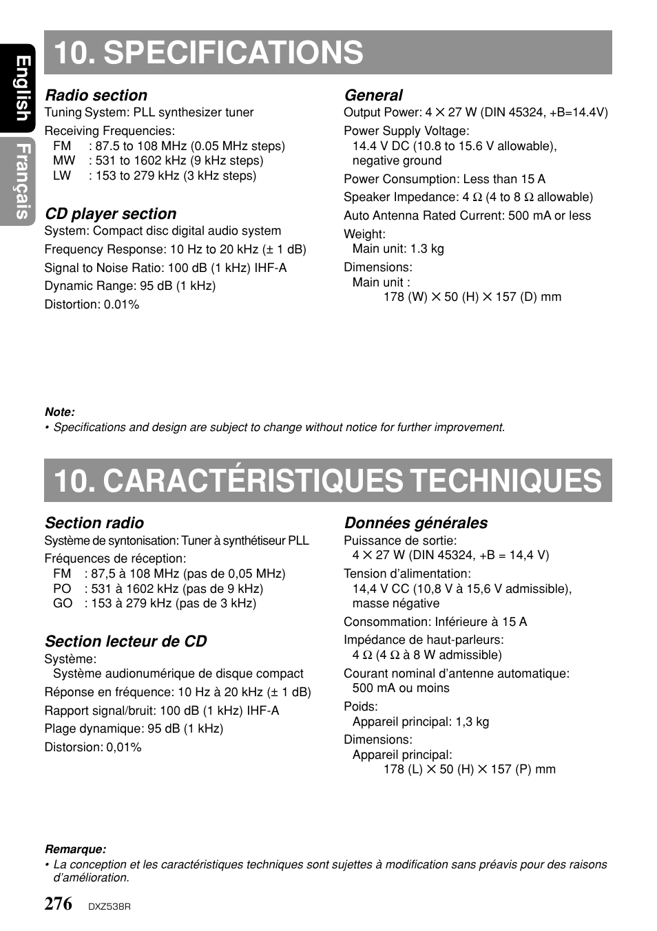 Specifications 10 Caracteristiques Techniques English Fran C Ais Clarion Dxz538r User Manual Page 30 30