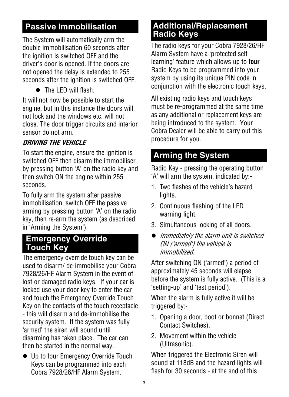 Emergency override touch key | Cobra Electronics 7928 User Manual