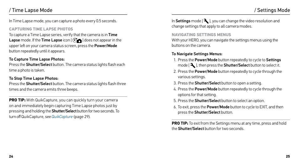 Time lapse mode, Settings mode | GoPro HERO User Manual | Page 13 / 24