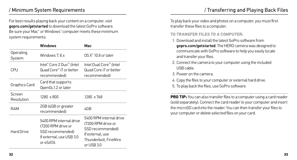 Minimum system requirements, Transferring and playing back files | GoPro HERO User Manual | Page 17 / 24