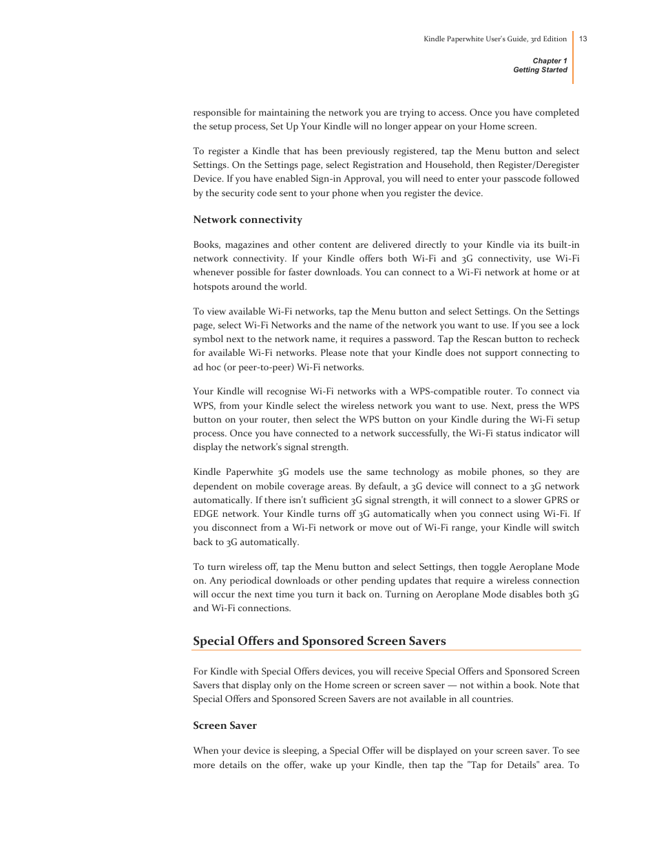 Network connectivity, Special offers and sponsored screen savers, Screen saver | Kindle Paperwhite (2nd Generation) User Manual | Page 13 / 47