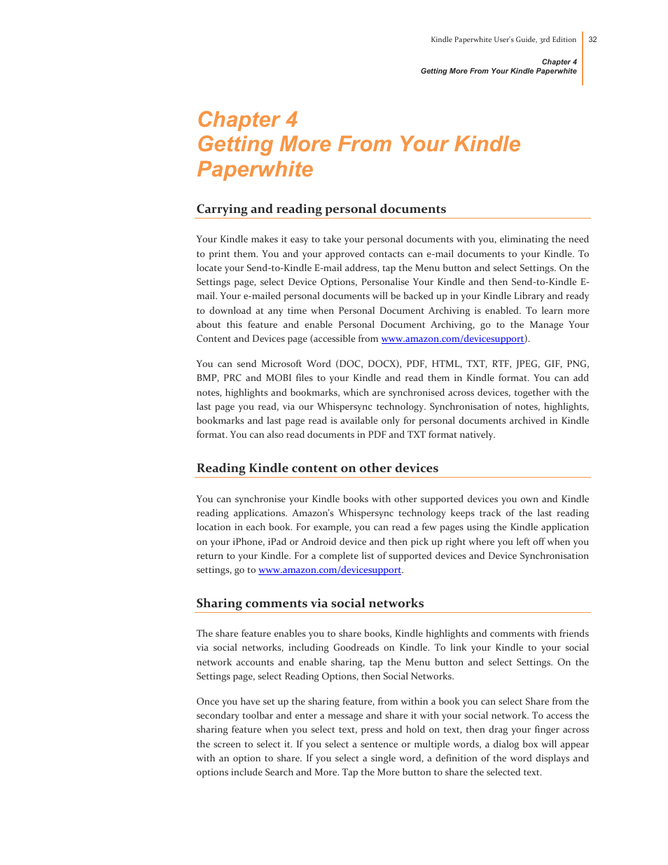Chapter 4 getting more from your kindle paperwhite, Carrying and reading personal documents, Reading kindle content on other devices | Sharing comments via social networks, Reading kindle content on other, Devices | Kindle Paperwhite (2nd Generation) User Manual | Page 32 / 47