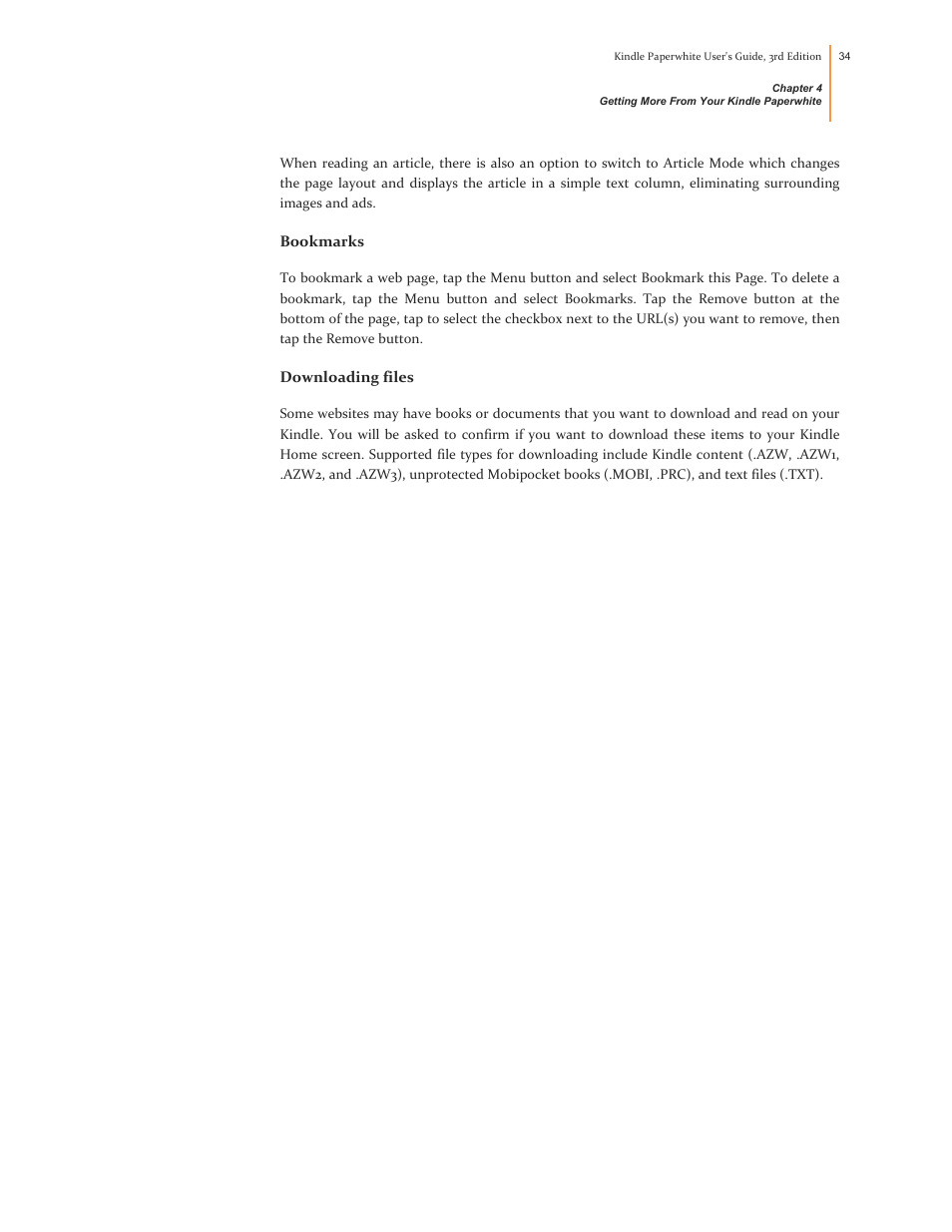Bookmarks, Downloading files | Kindle Paperwhite (2nd Generation) User Manual | Page 34 / 47