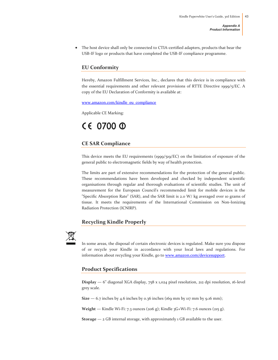 Eu conformity, Ce sar compliance, Recycling kindle properly | Product specifications | Kindle Paperwhite (2nd Generation) User Manual | Page 43 / 47