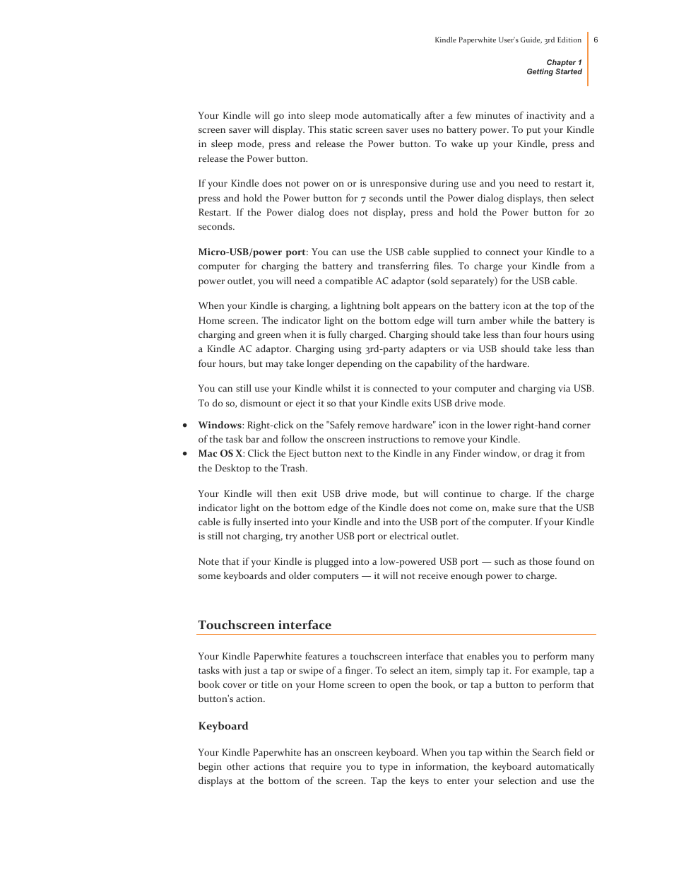 Touchscreen interface, Keyboard | Kindle Paperwhite (2nd Generation) User Manual | Page 6 / 47