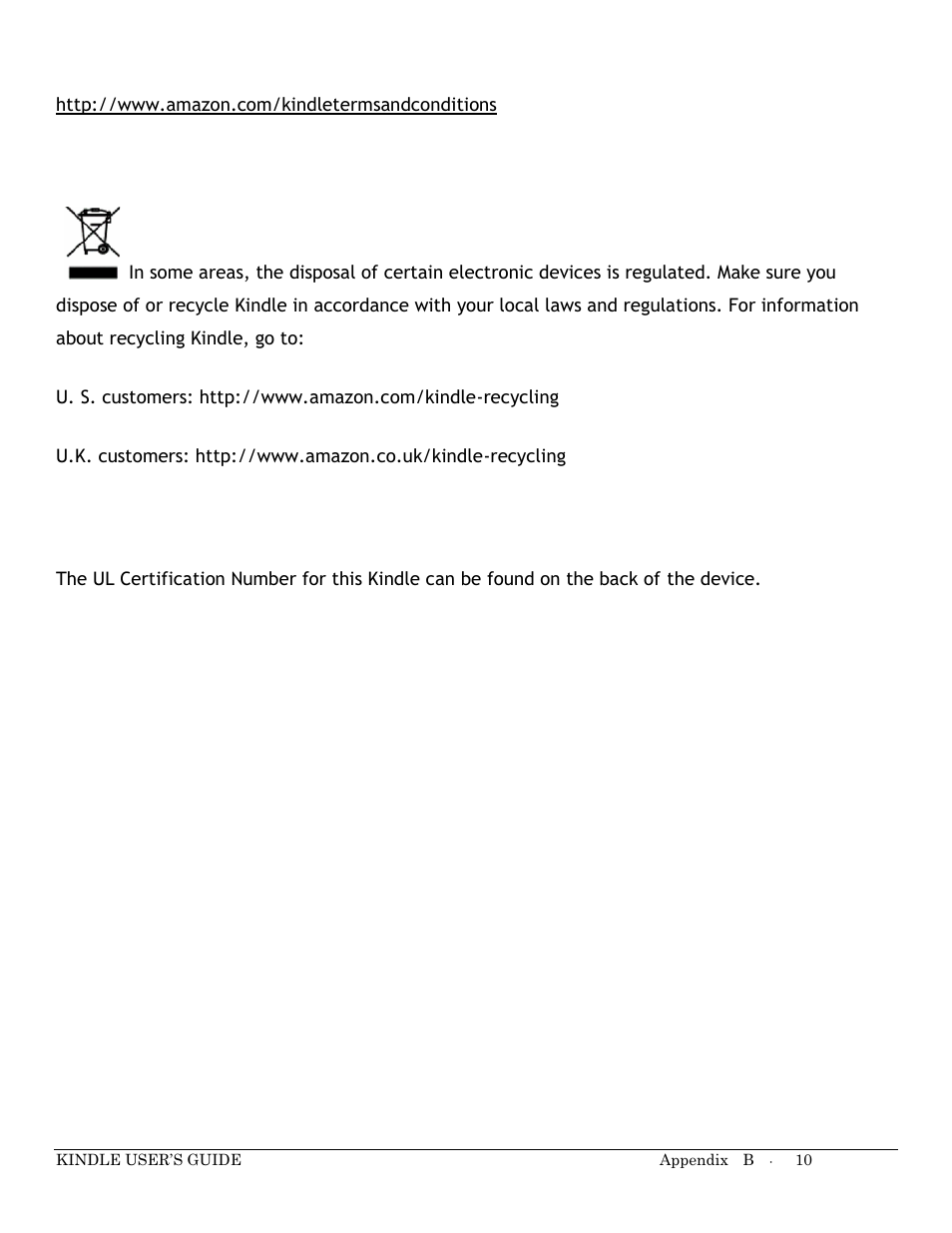 Recycling kindle properly, Ul certification number | Kindle Keyboard User Manual | Page 10 / 28