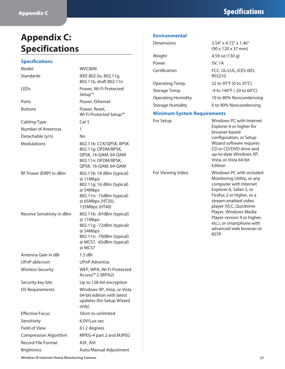 Appendix c: specifications, Specifications | Cisco WVC80N User Manual | Page 28 / 66