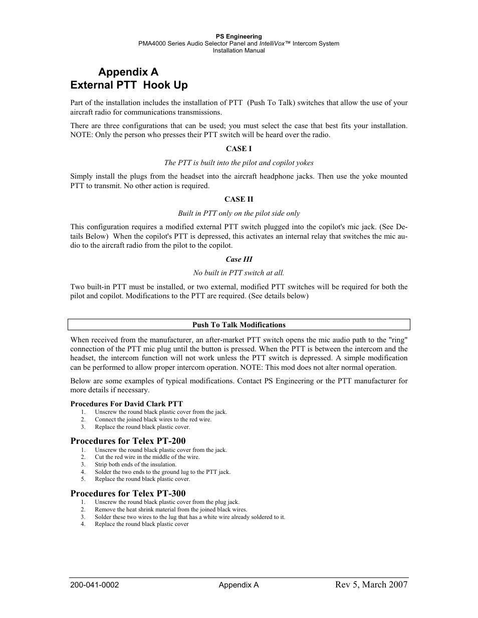 Appendix A External Ptt Hook Up Procedures For Telex Pt 200 Procedures For Telex Pt 300 Ps Engineering Pma4000 Installation Manual User Manual Page 18 23